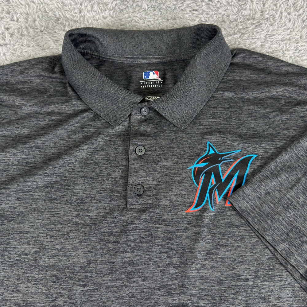 MLB Miami Marlins Polo Shirt Mens 2XL Charcoal Heather Grey Genuine Merchandise